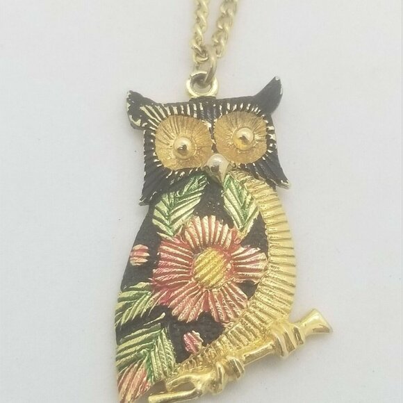 Owl Damascene Style Pendant Etched Embossed Gold Tone Chain Necklace Halloween - Picture 4 of 6
